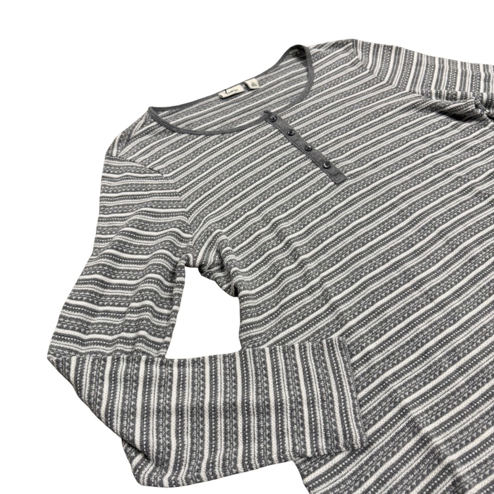LL Bean Womens Grey Striped Long Sleeve Henley Top Size Large Cotton Blend
